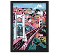 Clifton Suspension Bridge Pink and Teal Cityscape Artwork Framed Wall Art Print A4 Artery8 Black One Size
