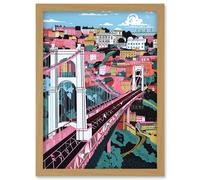 Artery8 Clifton Suspension Bridge Pink & Teal Cityscape Artwork Framed Wall Art Print A4 in Light Oak Artery8 Light Oak