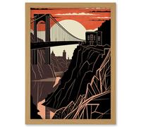 Artery8 Clifton Suspension Bridge Sunset Contrast Linocut Artwork Framed Wall Art Print A4 in Light Oak Artery8 Light Oak