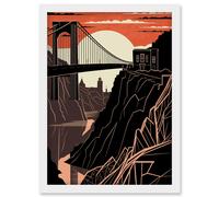 Artery8 Clifton Suspension Bridge Sunset Contrast Linocut Artwork Framed Wall Art Print A4 in White Artery8 White