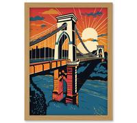 Clifton Suspension Bridge Sunset Modern Pop Art Artwork Framed Wall Art Print A4 Artery8 Light Oak One Size