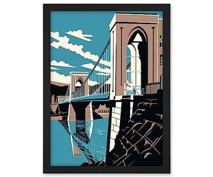 Artery8 Clifton Suspension Bridge Tan Brown Blue Linocut Artwork Framed A3 Wall Art Print