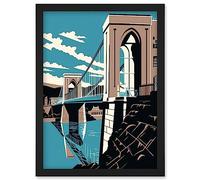Artery8 Clifton Suspension Bridge Tan Brown Blue Linocut Artwork Framed Wall Art Print A4