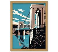 Artery8 Clifton Suspension Bridge Tan Brown Blue Linocut Artwork Framed Wall Art Print A4