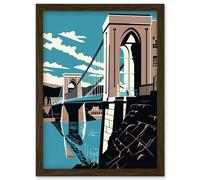 Artery8 Clifton Suspension Bridge Tan Brown Blue Linocut Artwork Framed Wall Art Print A4