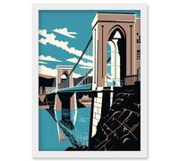 Artery8 Clifton Suspension Bridge Tan Brown Blue Linocut Artwork Framed Wall Art Print A4 in White Artery8 White