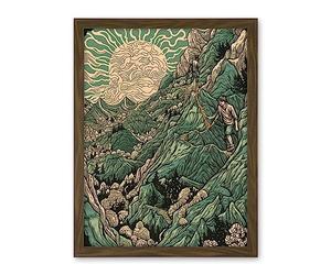 Artery8 Climb Every Mountain Hikers at Sunrise Linocut Artwork Framed Wall Art Print 18X24 Inch