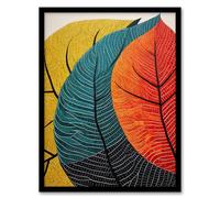 Artery8 Close Up Leaves Gond Painting Style Abstract Artwork Orange Blue Green Mosaic Stylised Patterns Artwork Framed Wall Art Print A4