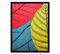 Artery8 Close Up Leaves Gond Painting Style Artwork Red Blue Green Line Drawing Stylised Patterns Artwork Framed Wall Art Print A4