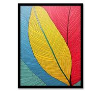 Artery8 Close Up Leaves Gond Painting Style Artwork Yellow Blue Red Line Drawing Stylised Patterns Artwork Framed Wall Art Print 18X24 Inch