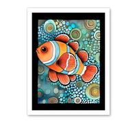 Artery8 Clownfish In Coral Patterns Folk Art Watercolour Painting Artwork Framed Wall Art Print 18X24 Inch