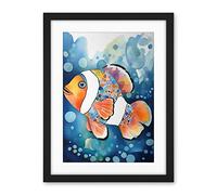Artery8 Clownfish With Multicoloured Spot Pattern Folk Art Watercolour Painting Artwork Framed Wall Art Print 18X24 Inch