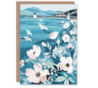 Artery8 Coastal Scottish Pier Seagulls Floral Painting Birthday Art Card in Blue Artery8 Blue