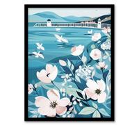 Coastal Scottish Pier Seagulls Floral Painting Framed Art Print Artery8 Blue A4