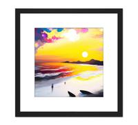 Artery8 Coastal Sunset Figures Walking on White Sand Modern Abstract Bright Colourful Oil Paint Square Wooden Framed Wall Art Print Picture 8X8 Inch Artery8 Black