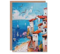 Artery8 Coastal Town Beach Sail Boats Abstract Painting Greeting Birthday Card Him Her All Blank