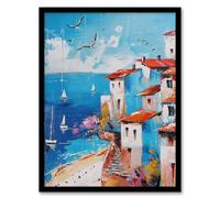 Artery8 Coastal Town Beach Sail Boats Abstract Painting Living Room Bathroom Artwork Framed Wall Art Print A4