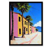 Artery8 Coastal Village Houses Palm Trees Spain Townscape Living Room Artwork Framed Wall Art Print A4