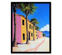 Artery8 Coastal Village Houses Palm Trees Spain Townscape Living Room Artwork Framed Wall Art Print A4