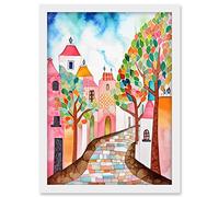 Artery8 Cobblestone Street In Spring Folk Art Artwork Framed A3 Wall Art Print