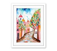 Artery8 Cobblestone Street In Spring Folk Art Artwork Framed Wall Art Print 18X24 Inch
