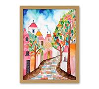 Artery8 Cobblestone Street In Spring Folk Art Artwork Framed Wall Art Print 18X24 Inch