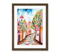 Artery8 Cobblestone Street In Spring Folk Art Artwork Framed Wall Art Print 18X24 Inch