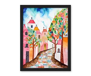 Artery8 Cobblestone Street In Spring Folk Art Artwork Framed Wall Art Print 18X24 Inch