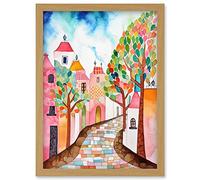 Artery8 Cobblestone Street In Spring Folk Art Artwork Framed Wall Art Print A4