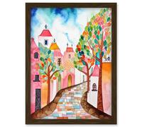 Artery8 Cobblestone Street In Spring Folk Art Artwork Framed Wall Art Print A4