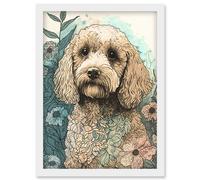 Artery8 Cockapoo Dog in Wildflower Field Pastel Watercolour Illustration Artwork Framed Wall Art Print A4 in White Artery8 White