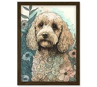Cockapoo Dog in Wildflower Field Pastel Watercolour Illustration Artwork Framed Wall Art Print A4 Artery8 Brown One Size