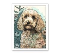 Artery8 Cockapoo Dog in Wildflower Field Pastel Watercolour Illustration Artwork Framed Wall Art Print 18X24 Inch