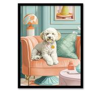 Artery8 Cockapoo Dog Lover Pink Armchair Pet Portrait For Living Room Artwork Framed Wall Art Print 18X24 Inch