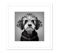Artery8 Cockapoo Dog Portrait Monochrome Tribal Illustration Square Wooden Framed Wall Art Print Picture 8X8 Inch in White Artery8 White