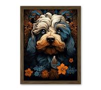 Artery8 Cockapoo Dog with Flower Patterns Art Nouveau Artwork Orange Blue Floral Portrait Design Artwork Framed Wall Art Print 18X24 Inch