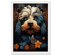 Artery8 Cockapoo Dog with Flower Patterns Art Nouveau Artwork Orange Blue Floral Portrait Design Artwork Framed Wall Art Print A4