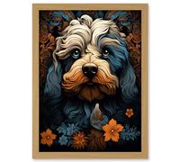 Artery8 Cockapoo Dog with Flower Patterns Art Nouveau Artwork Orange Blue Floral Portrait Design Artwork Framed A3 Wall Art Print