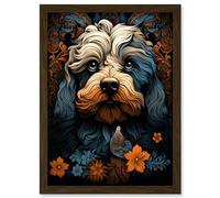 Artery8 Wall Art Print Cockapoo Dog with Flower Patterns Art Nouveau Artwork Orange Blue Floral Portrait Design Artwork Framed A4 in Brown Artery8 Brown A4