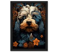 Artery8 Cockapoo Dog with Flower Patterns Art Nouveau Artwork Orange Blue Floral Portrait Design Artwork Framed A3 Wall Art Print