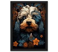 Artery8 Cockapoo Dog with Flower Patterns Art Nouveau Artwork Orange Blue Floral Portrait Design Artwork Framed Wall Art Print A4