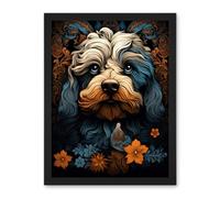 Artery8 Cockapoo Dog with Flower Patterns Art Nouveau Artwork Orange Blue Floral Portrait Design Artwork Framed Wall Art Print 18X24 Inch