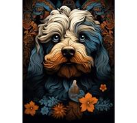 Artery8 Cockapoo Dog with Flower Patterns Art Nouveau Artwork Orange Blue Floral Portrait Design Extra Large XL Wall Art Poster Print