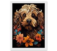 Artery8 Cockapoo Dog with Flowers Artwork Orange Brown Blue Floral Art Nouveau Portrait on Black Artwork Framed A3 Wall Art Print
