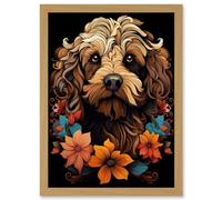 Artery8 Cockapoo Dog with Flowers Artwork Orange Brown Blue Floral Art Nouveau Portrait on Black Artwork Framed A3 Wall Art Print