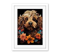 Artery8 Cockapoo Dog with Flowers Artwork Orange Brown Blue Floral Art Nouveau Portrait on Black Artwork Framed Wall Art Print 18X24 Inch