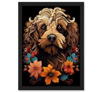 Artery8 Cockapoo Dog with Flowers Artwork Orange Brown Blue Floral Art Nouveau Portrait on Black Artwork Framed A3 Wall Art Print