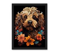 Artery8 Cockapoo Dog with Flowers Artwork Orange Brown Blue Floral Art Nouveau Portrait on Black Artwork Framed Wall Art Print 18X24 Inch
