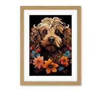 Artery8 Cockapoo Dog with Flowers Artwork Orange Brown Blue Floral Art Nouveau Portrait on Black Artwork Framed Wall Art Print 18X24 Inch
