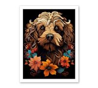Artery8 Cockapoo Dog with Flowers Artwork Orange Brown Blue Floral Art Nouveau Portrait on Black Artwork Framed Wall Art Print 18X24 Inch